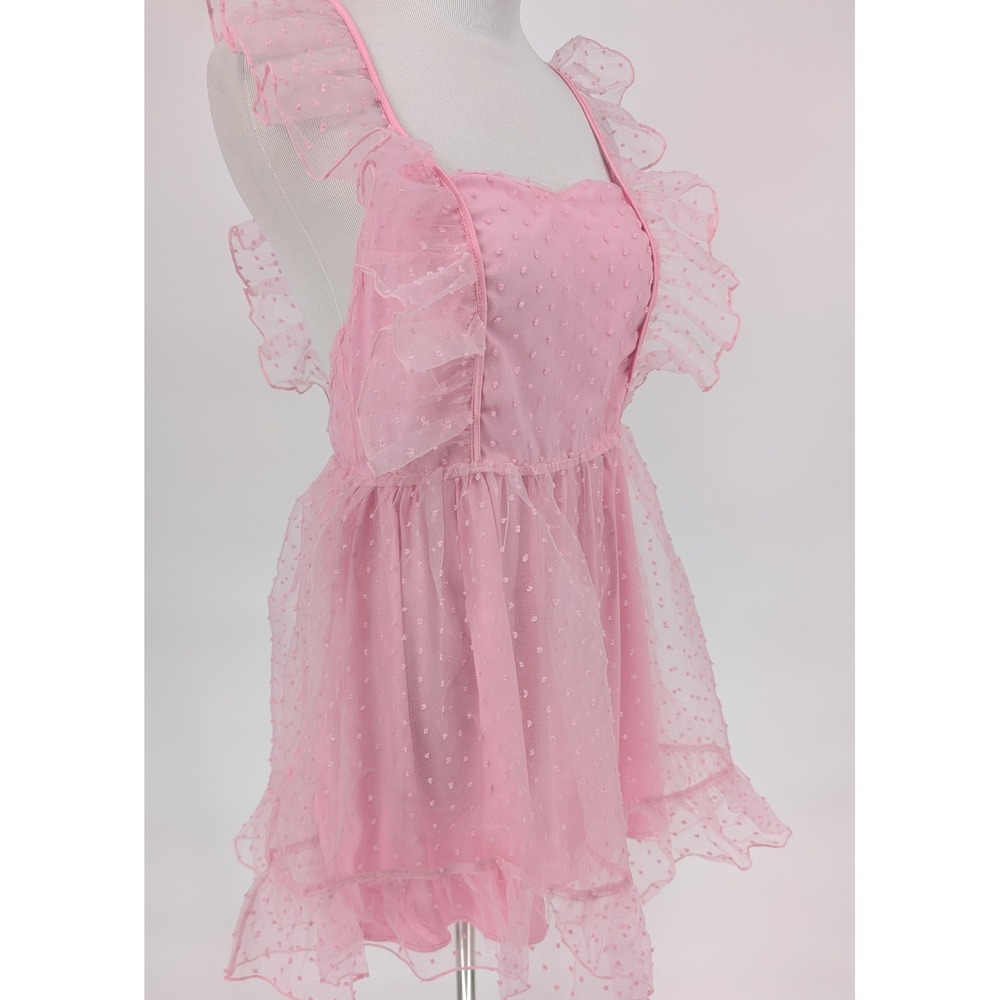 Sugar Thrillz Can't Help Falling Pinafore Dress S Pink Swiss Dot Ruffle Sheer - Picture 4 of 12